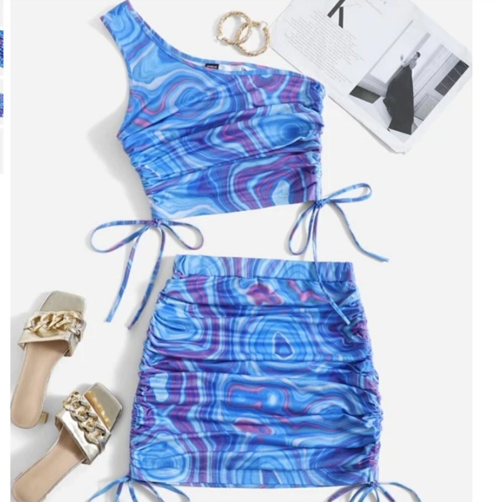 SHEIN Splash Print One Shoulder Knot Top & Skirt Two Piece SZ M
